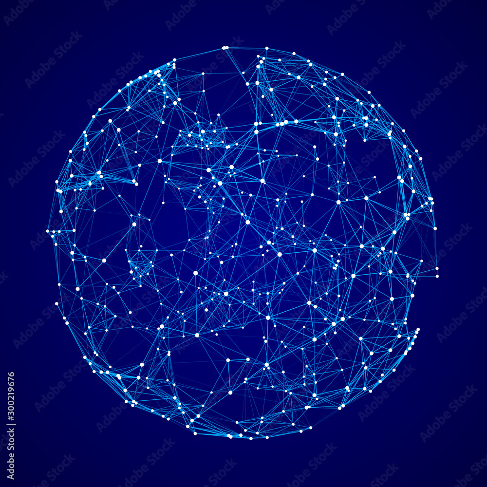 Poster Abstract 3d sphere with connecting dots and lines. Wireframe technology blue sphere.