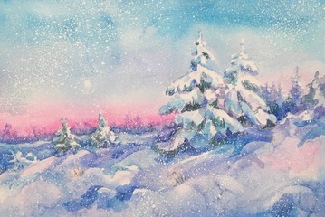 Watercolor winter forest. Sunset in the winter forest. Background white, blue, pink, violet. Winter mood. Christmas trees in the snow. Christmas winter landscape.