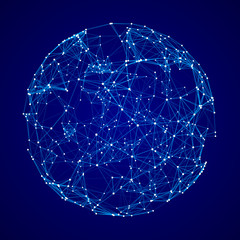 Abstract 3d sphere with connecting dots and lines. Wireframe technology blue sphere.