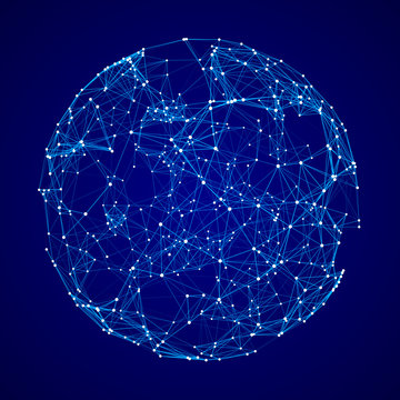 Abstract 3d sphere with connecting dots and lines. Wireframe technology blue sphere.