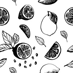 Cute hand drawn pattern with slices lemon with leaves and seeds for menu or recipe. Doodle vector illustration. Fresh and tasty.