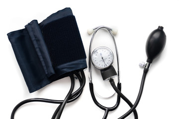 Blood pressure monitor and stethoscope. Medical sphygmomanometer for blood pressure control on...