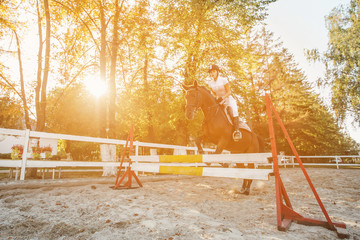 Young horse rider sportswoman on equestrian sport competition leaping over hurdle at autumn time.