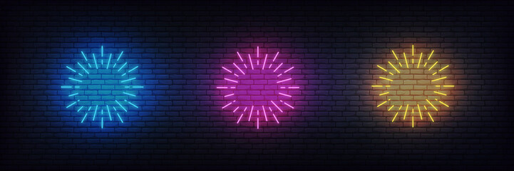 Neon firework burst. Set of glowing neon firework signs