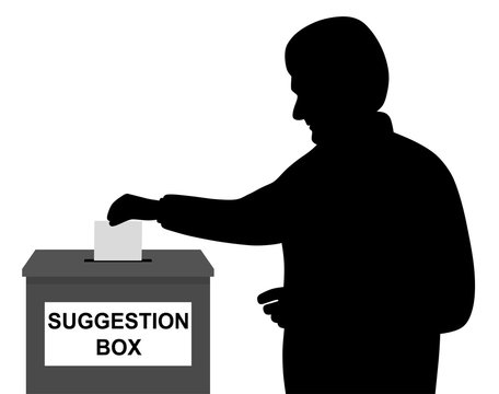 Man Businessman Employee Or Customer Inserting Or Putting Blank Paper Or Envelope In Suggestion Box. Feedback Concept.