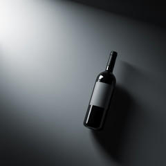 Top view wine bottle mockup on gray background. Clipping path included. 3D render
