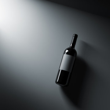 Top View Wine Bottle Mockup On Gray Background. Clipping Path Included. 3D Render