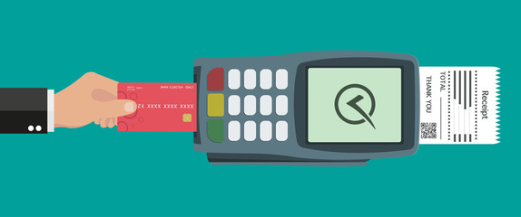 Flat design of POS terminal usage concept. Hand pushing credit or debit card into the pos machine slot. Payment by card concept. Vector illustration. 