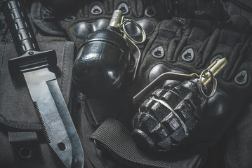 Military equipment close up concept background.