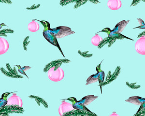 Christmas background with Christmas tree branches, toys and hummingbirds. Festive illustration for gift wrapping, textiles or Wallpaper.