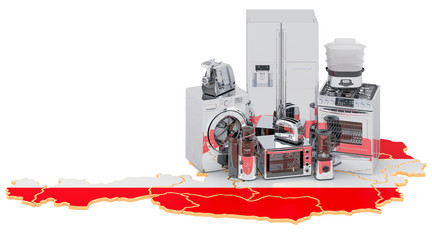 Kitchen and household appliance on the map of Austria. Production, shopping and delivery concept. 3D rendering