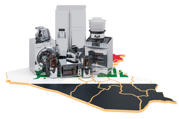 Kitchen and household appliance on the map of Iraq. Production, shopping and delivery concept. 3D rendering