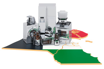 Kitchen and household appliance on the map of Kuwait. Production, shopping and delivery concept. 3D rendering