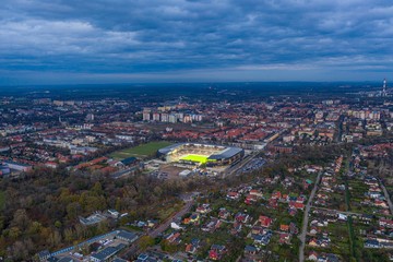 Aerial drone view on Zabrze city and stadium