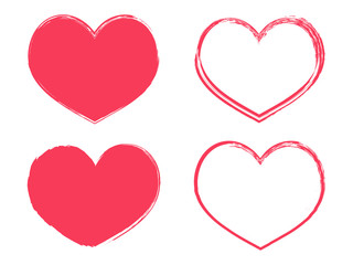Set of four hearts of red color. Hearts with jagged edges and a contour pattern. Grunge texture for valentines day. Vector stock illustration.