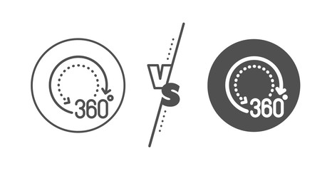 Panoramic view sign. Versus concept. 360 degrees line icon. VR technology simulation symbol. Line vs classic 360 degrees icon. Vector
