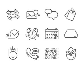 Set of Technology icons, such as Sale tags, Chat message, Calendar graph, Organic product, Artificial intelligence, Timer, Time management, Scroll down, Search mail, Checkbox, 24h service. Vector