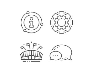 Sports arena line icon. Chat bubble, info sign elements. Stadium with flags sign. Sport complex symbol. Linear sports arena outline icon. Information bubble. Vector