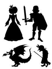 Set of silhouettes with characters from fairy tales. Princess, knight with sword, dragon, old witch