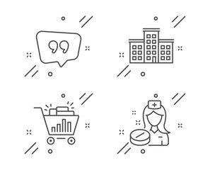 Company, Seo shopping and Quote bubble line icons set. Nurse sign. Building, Analytics, Chat comment. Medicine pill. Business set. Line company outline icon. Vector