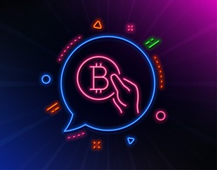 Bitcoin pay line icon. Neon laser lights. Cryptocurrency coin sign. Crypto money symbol. Glow laser speech bubble. Neon lights chat bubble. Banner badge with bitcoin pay icon. Vector