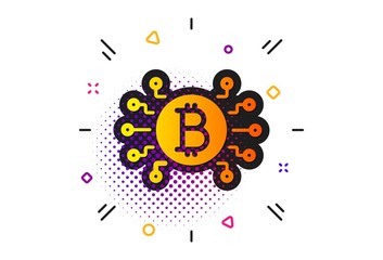 Cryptocurrency scheme sign. Halftone circles pattern. Bitcoin system icon. Crypto money symbol. Classic flat bitcoin system icon. Vector
