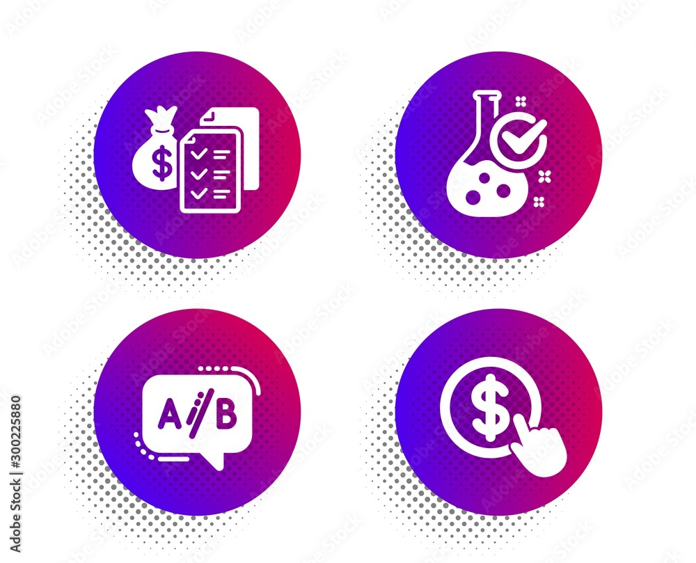 Poster ab testing, accounting wealth and chemistry lab icons simple set. halftone dots button. buy currency