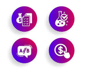 Ab testing, Accounting wealth and Chemistry lab icons simple set. Halftone dots button. Buy currency sign. Test chat, Audit report, Laboratory flask. Money exchange. Technology set. Vector