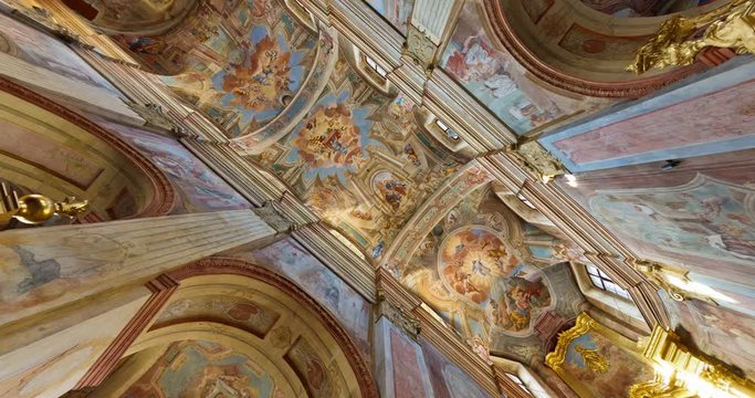  spinning and torsion of interior view and Looking up into a catholic church Dome with murals,  painting and stucco on walls and ceiling
