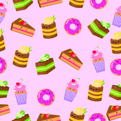 Vector graphics. Cute, adorable pattern with different kind of sweet pastries. Flat cartoon illustration. Funny cute characters with kawaii emotions. 