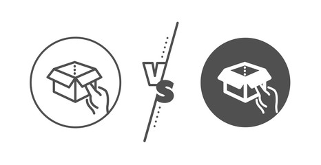 Delivery parcel sign. Versus concept. Hold open box line icon. Cargo package symbol. Line vs classic hold box icon. Vector