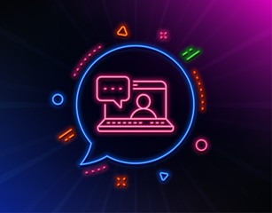 Friends chat line icon. Neon laser lights. Friendship love sign. Assistance business symbol. Glow laser speech bubble. Neon lights chat bubble. Banner badge with friends chat icon. Vector
