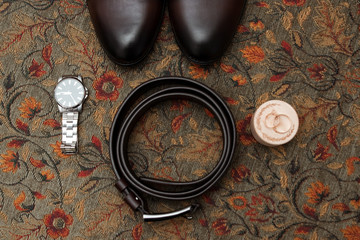 composition - wedding shoes with decor and accessories. The concept of marriage, family relationships, wedding paraphernalia.