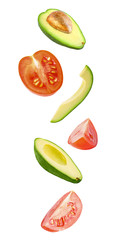 Vibrant falling vegetables isolated on white background