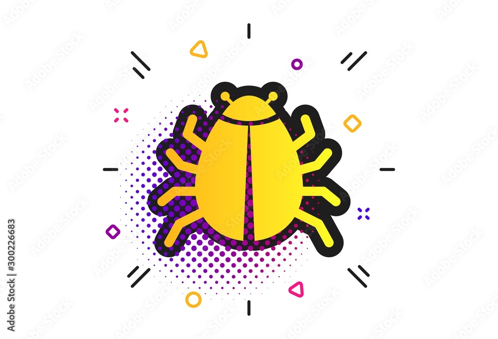 Poster bug sign icon. halftone dots pattern. virus symbol. software bug error. disinfection. classic flat b