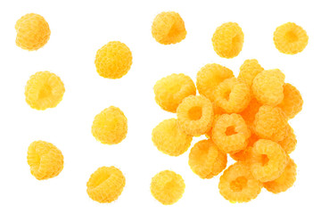 Yellow raspberries isolated on white background. top view
