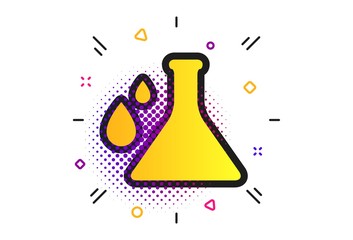 Chemistry sign icon. Halftone dots pattern. Bulb symbol with drops. Lab icon. Classic flat chemistry icon. Vector