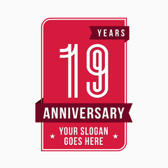 Naklejka premium 19 years anniversary design template. Nineteen years celebration logo. Vector and illustration.