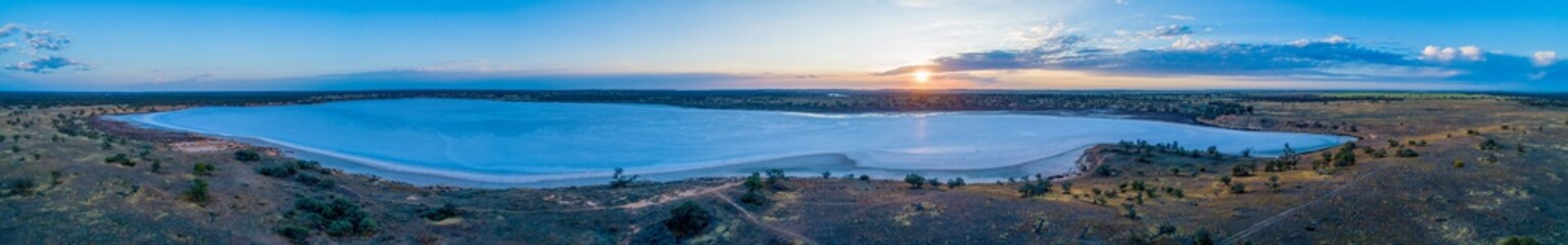 Aerial panoramic landscape of salt Lake Crosbie at sunset. Murray-Sunset National Park, Victoria, Australia