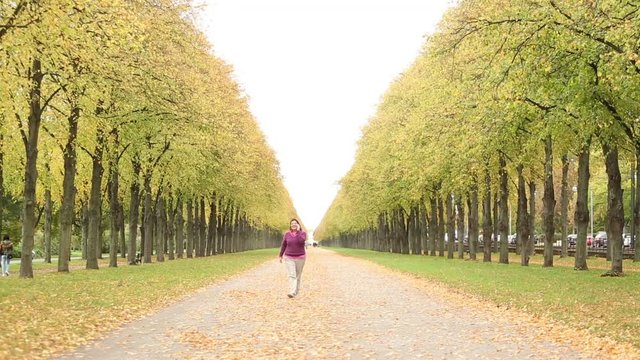 Lady walking and speaking on the phone in the long path of a park during autumn season.