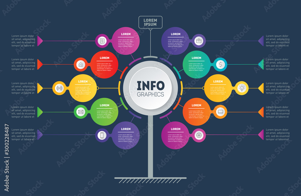 Wall mural Business presentation concept with 10 options. Template of tree, chart or diagram with icons. Infographic of technology or education process with ten steps. Dark background.