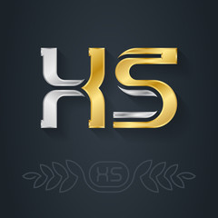 X and S - initials or logotype. XS - abbreviation for small size. Metallic 3d icon or logotype template. Design element with lineart option. Vector. Gold logo inlaid with silver.