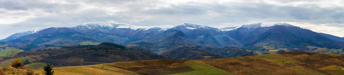 borzhava mountain ridge with snow capped tops. beautiful countryside landscape on an overcast november day. cold and gloomy autumn weather. panoramic view
