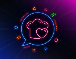 Cooking hat line icon. Neon laser lights. Chef sign. Love food preparation symbol. Glow laser speech bubble. Neon lights chat bubble. Banner badge with love cooking icon. Vector