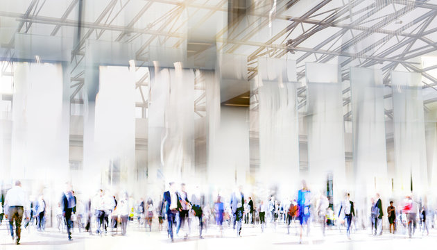 Lots of business people walking in the City of London. Multiple exposure image, wide panoramic view, with banners. Computer generated interior. London, UK