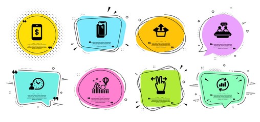 Smartphone payment, Time management and Touchscreen gesture line icons set. Chat bubbles with quotes. Employees talk, Send box and Smartphone glass signs. Update data, Roller coaster symbols. Vector