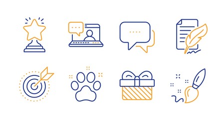 Pet friendly, Message and Target purpose line icons set. Friends chat, Feather signature and Gift signs. Winner, Paint brush symbols. Dog paw, Chat bubble. Business set. Line pet friendly icon. Vector