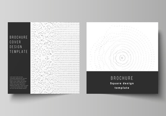 Minimal vector illustration layout of two square format covers design templates for brochure, flyer, magazine. Trendy modern science or technology background with dynamic particles. Cyberspace grid.