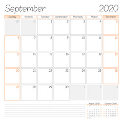 Calendar planner for September 2020. Week starts on Sunday. Vector illustration