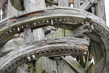 Remains of a wooden windmill structure from 1850 the oldest type of European windmill . Morwino, Greater Poland. The first windmills of this type appeared in the 12th century in Belgium or France